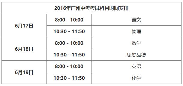 广州2018年中考考试时间安排