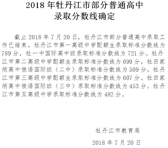 黑龙江牡丹2018年江中考分数线
