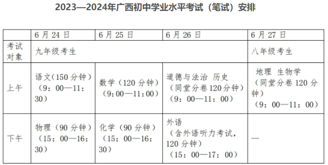 广西百色中考时间2024年具体时间已公布